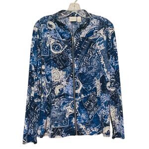 WEEKENDS By CHICO'S Zip Front Jacket Top Size 1 (M /8) Blue Print Band Collar